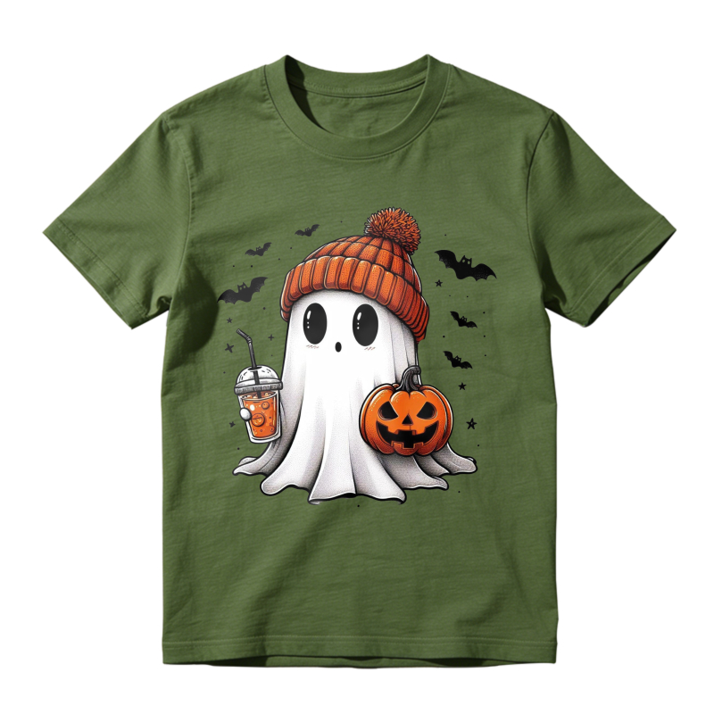 Cute Ghost Wearing Orange Beanie Holding Pumpkin And Drink Halloween T-shirt