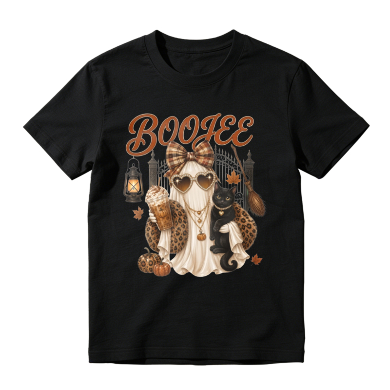 Boojee Ghost With Leopard Print Bow And Black Cat Holding Pumpkin Spice Latte Halloween T-shirt