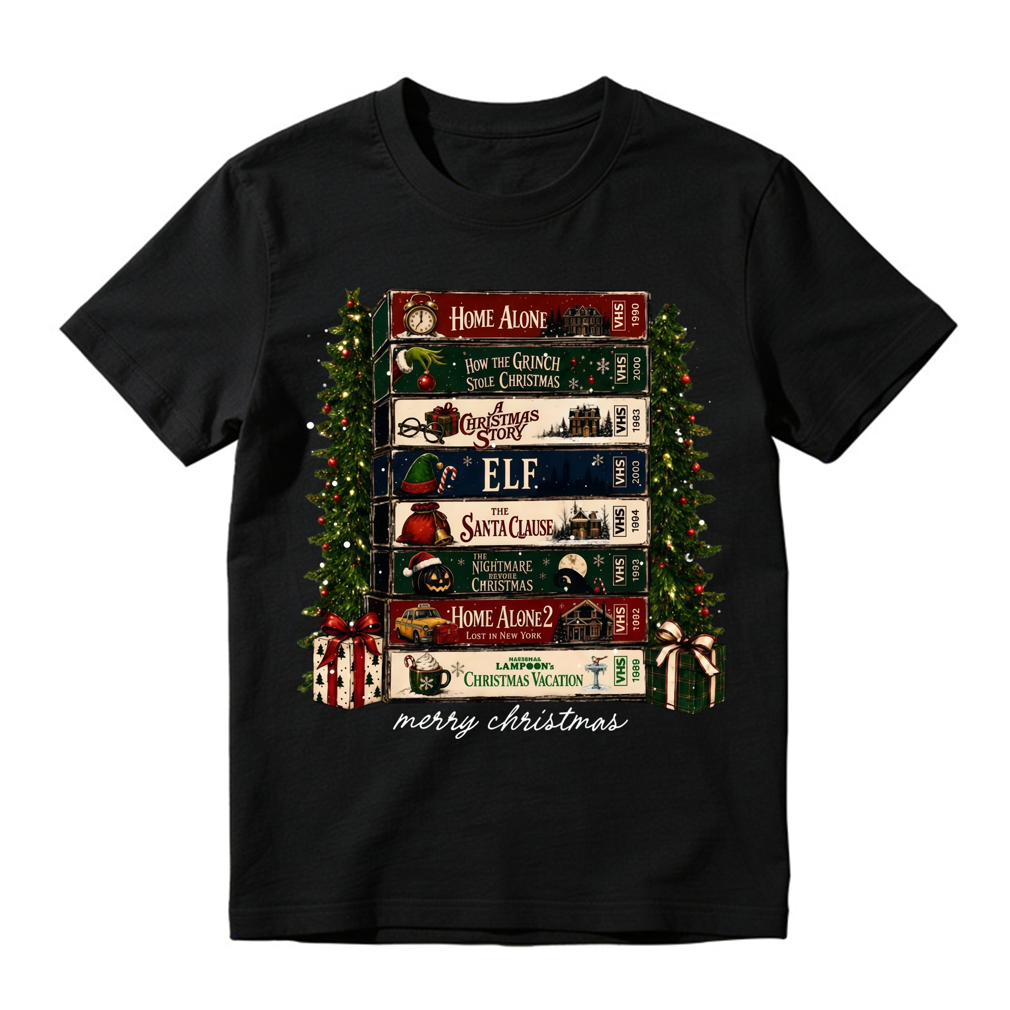 Vintage Christmas Retro Video Tape Stack T Shirt Merry Holiday Graphic Tee
