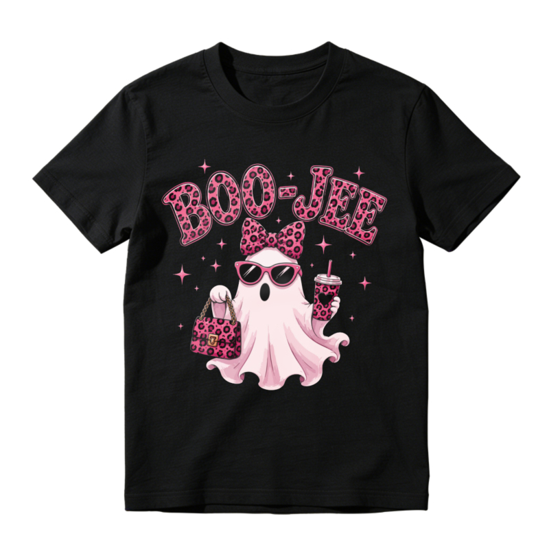 Pink Leopard Ghost Boo Jee Sunglasses Handbag Drink Sparkles Halloween Graphic T-shirt