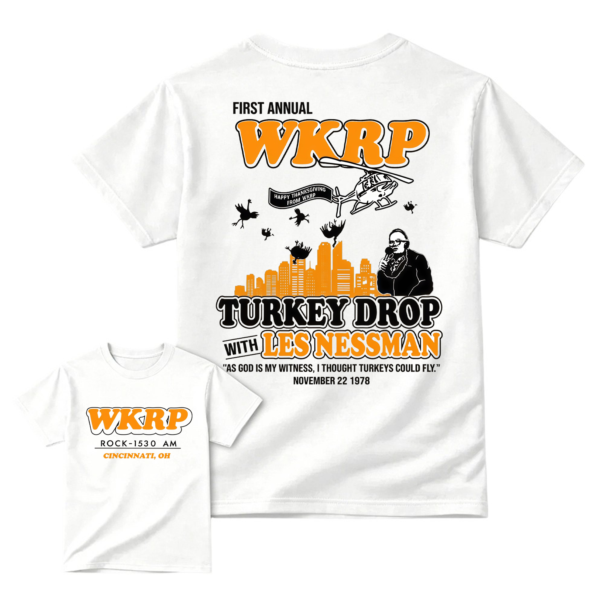 WKRP Turkey Drop T-Shirt, Les Nessman Thanksgiving Graphic Tee