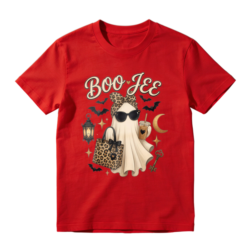 Boo Jee Leopard Print Ghost With Sunglasses And Iced Coffee Halloween Graphic T-shirt