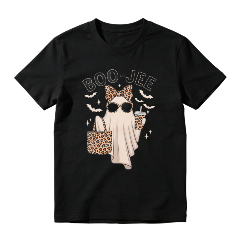 Boo Jee Leopard Print Ghost With Sunglasses And Coffee Cup Halloween Funny Graphic T-shirt