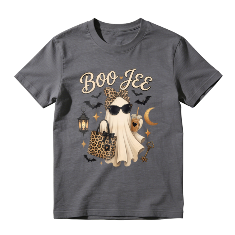 Boo Jee Leopard Print Ghost With Sunglasses And Iced Coffee Halloween Graphic T-shirt