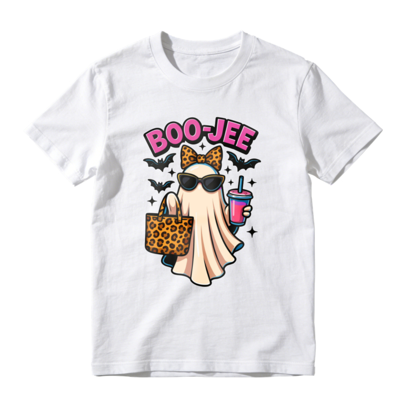 Boo Jee Funny Ghost With Leopard Print Bow Sunglasses And Drink Halloween T-shirt