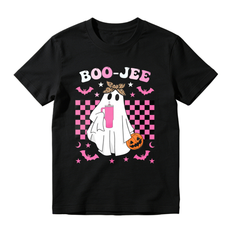 Boo Jee Ghost With Pink Tumbler And Pumpkin Checkered Background Halloween T-shirt