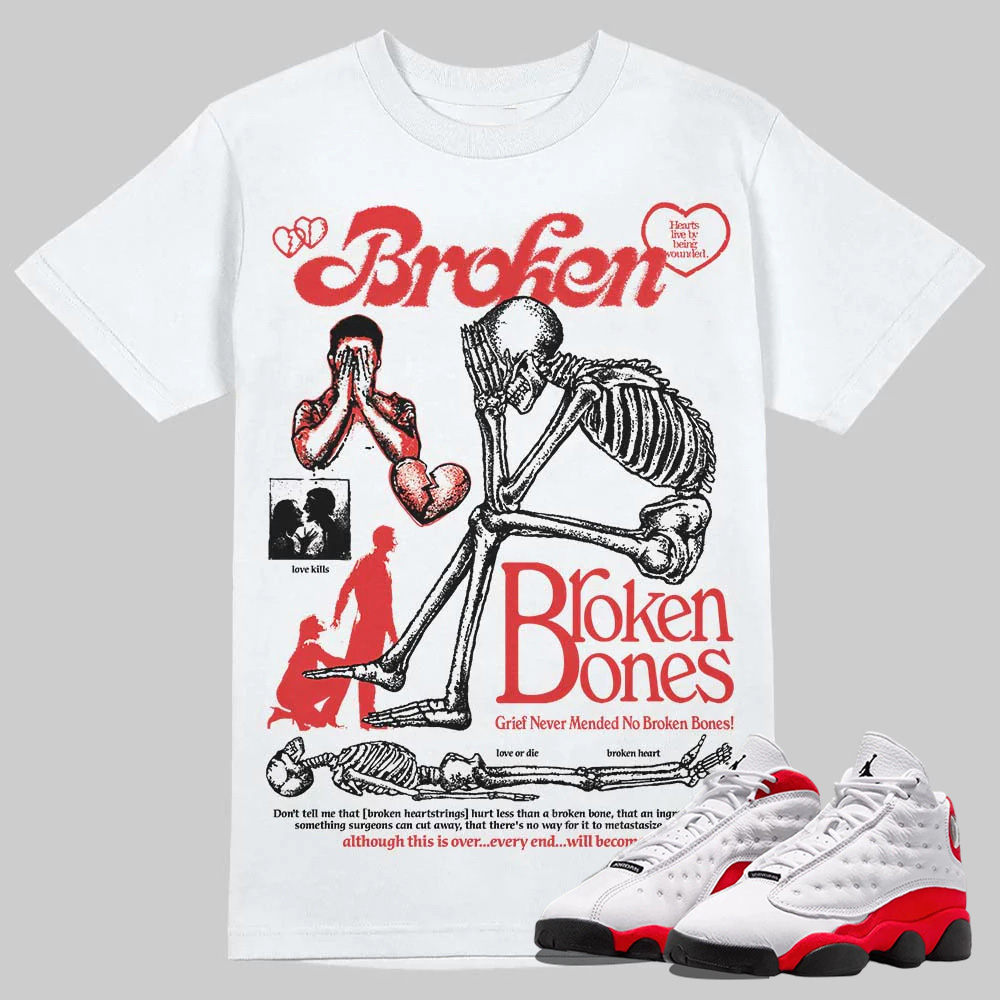 AJ 13 Chicago True Red Cherry T-Shirt Broken Bones Graphic