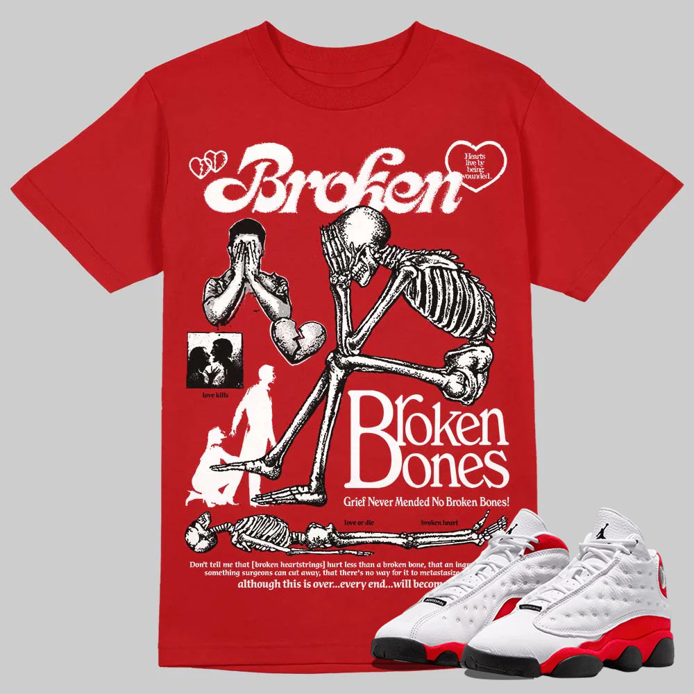 AJ 13 Chicago True Red Cherry T-Shirt Broken Bones Graphic