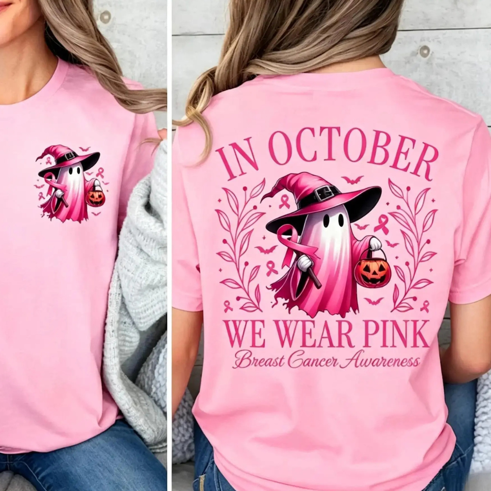 In October We Wear Pink Ghost Graphic T‑Shirt, Breast Cancer Awareness Tee