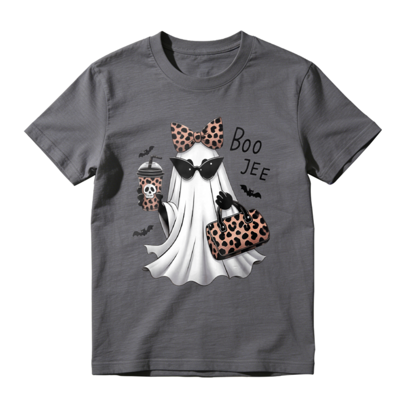 Leopard Print Ghost With Sunglasses Bow Tie Coffee Cup And Handbag Halloween Boo Tee T-shirt