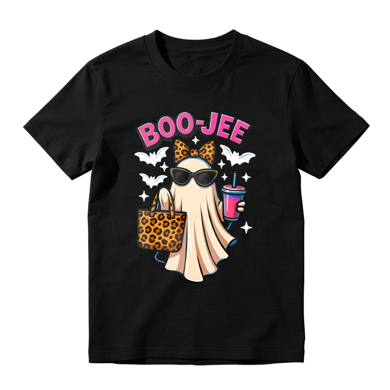 Boo Jee Funny Ghost With Leopard Print Bow Sunglasses And Drink Halloween T-shirt