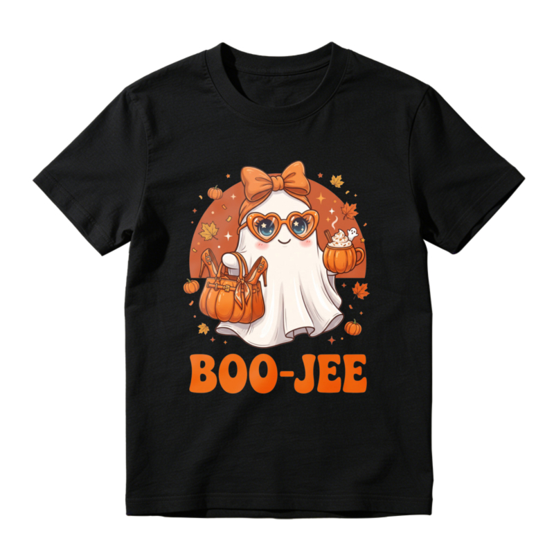 Cute Ghost With Orange Bow And Heart Glasses Holding Pumpkin Spice Latte And Purse Boo Jee Halloween T-shirt