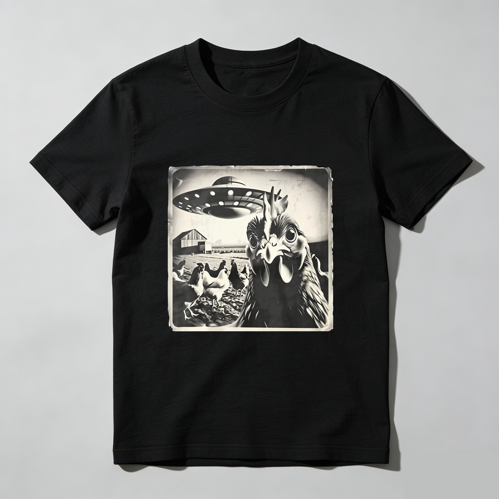 Chicken Abducted By Ufo Farm Scene tshirt 100% cotton