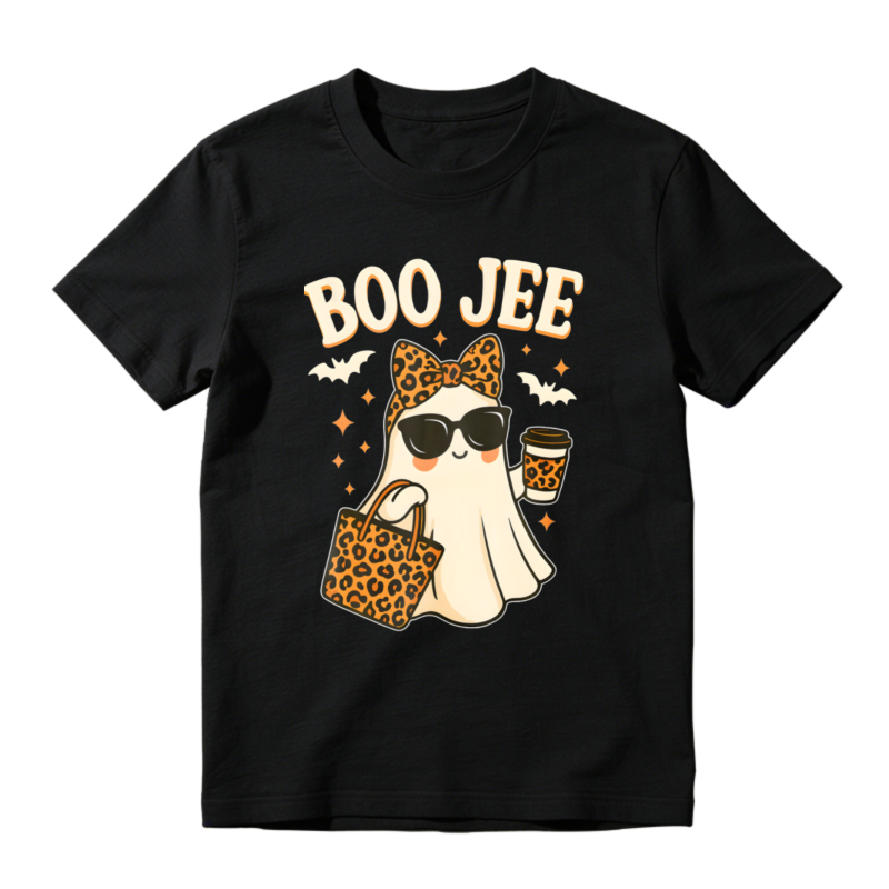 Boo Jee Funny Halloween Ghost With Leopard Print Bow Sunglasses Coffee Cup And Handbag Graphic T-shirt