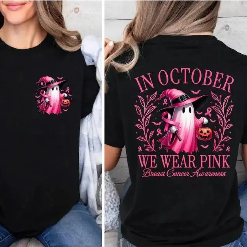 In October We Wear Pink Ghost Graphic T‑Shirt, Breast Cancer Awareness Tee