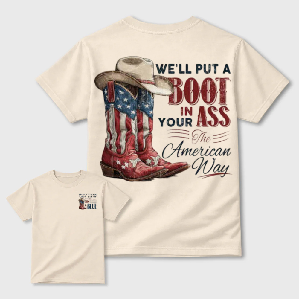 Western Red White Blue Flag Cowboy Boots Casual T-Shirt