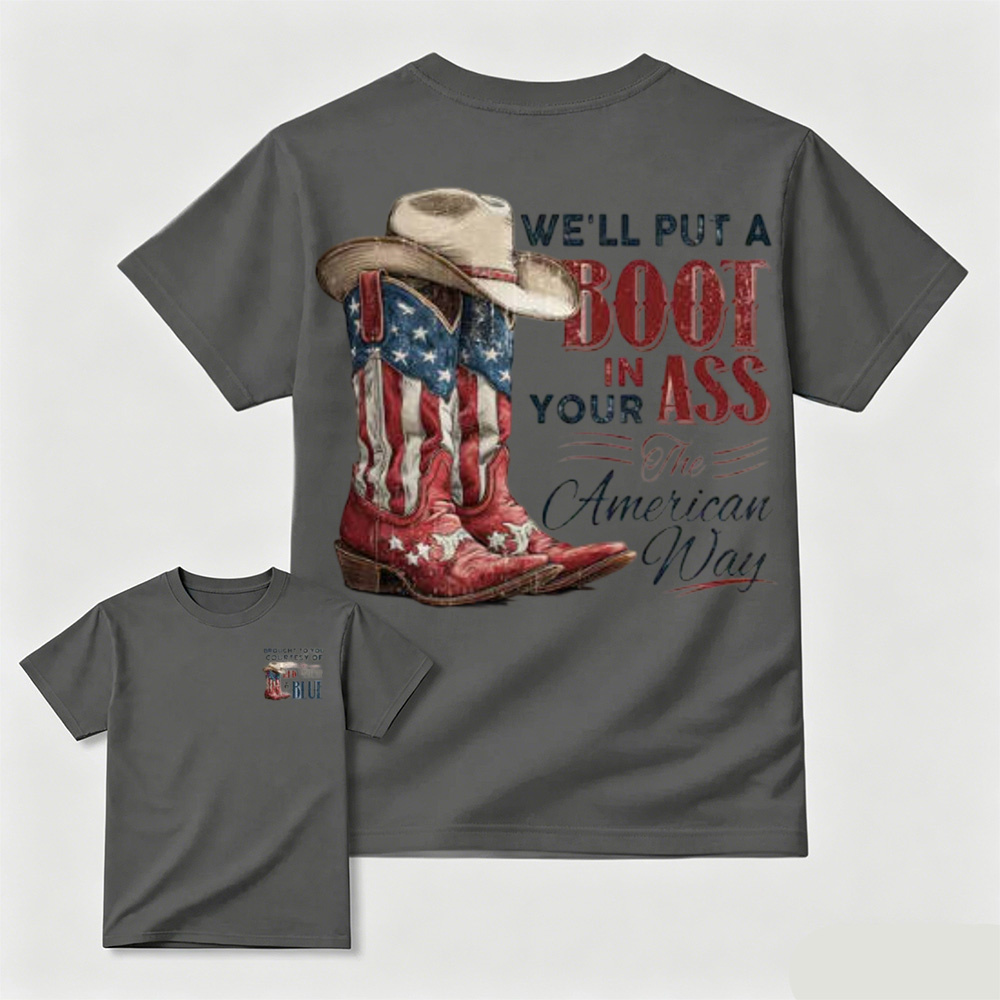 Western Red White Blue Flag Cowboy Boots Casual T-Shirt