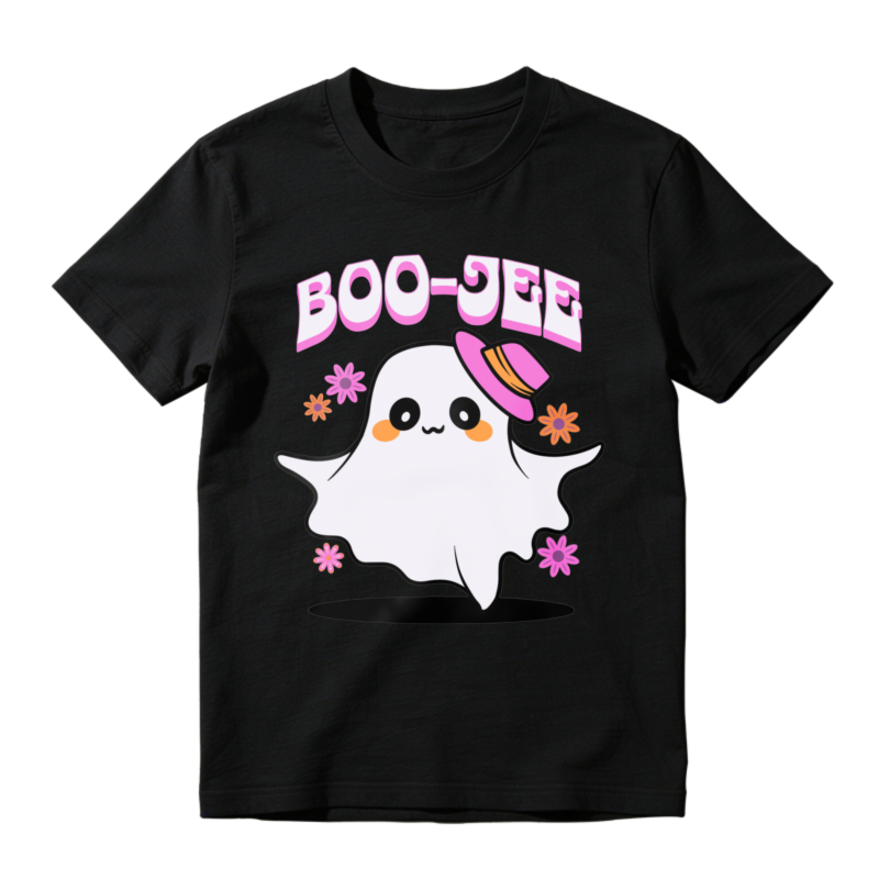 Cute Ghost Wearing Pink Hat With Flowers And Boo Jee Text Halloween T-shirt