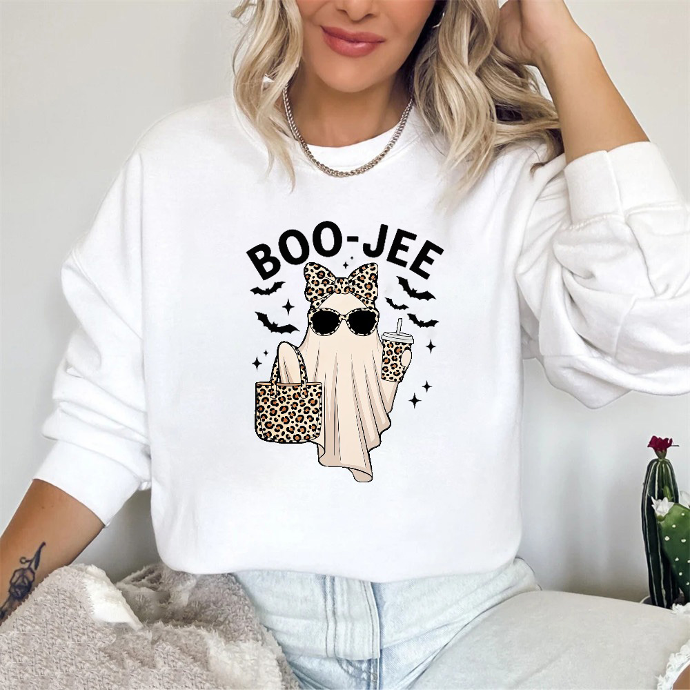 Boo Jee Funny Ghost With Leopard Print Bow Sunglasses And Coffee Cup Halloween Sweatshirt