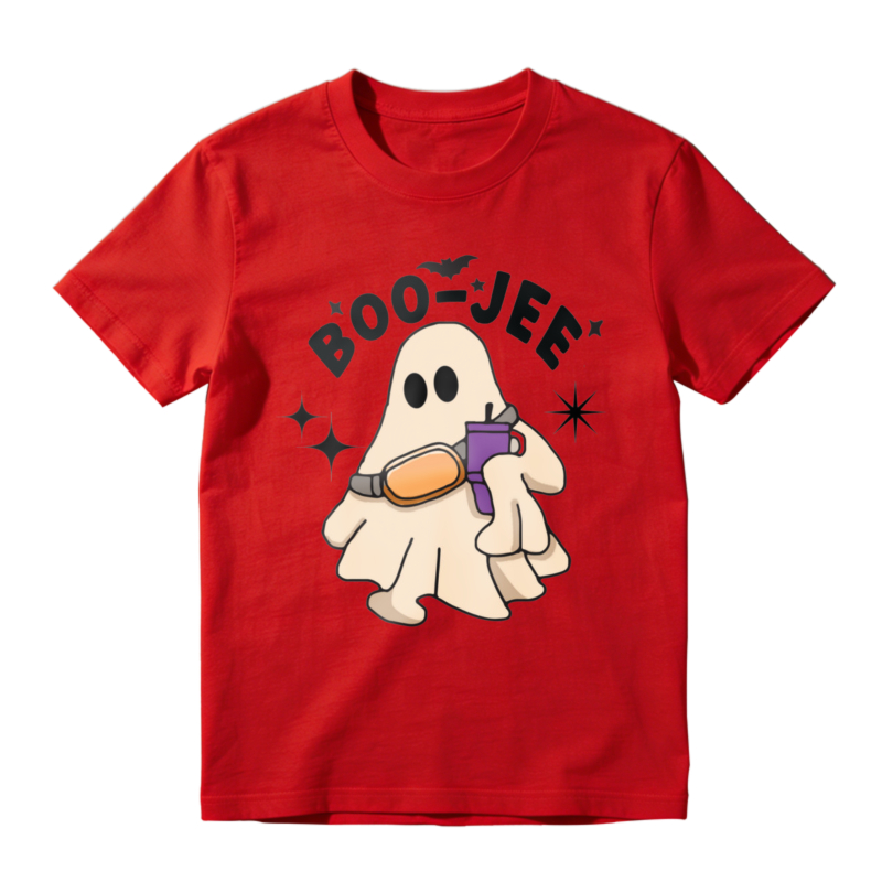 Cute Ghost Holding Purple And Orange Item Boo Jee Text With Bat And Stars Halloween Theme T-shirt