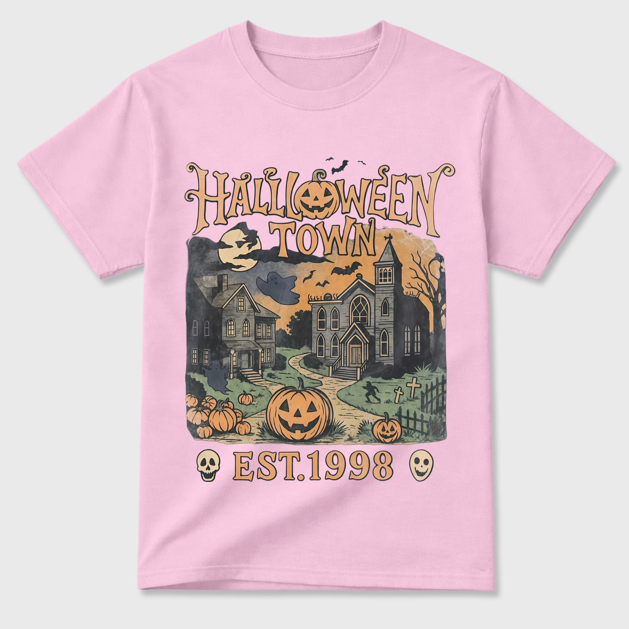 Vintage Halloween Haunted Town T Shirt Pumpkin Skull Ghost Bat Graphic Tee