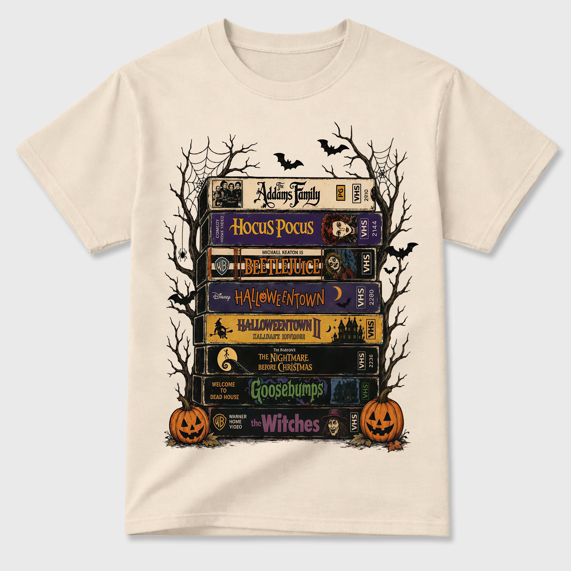 Retro Halloween VHS Tape Stack T Shirt Spooky Nostalgic Movie Graphic Tee