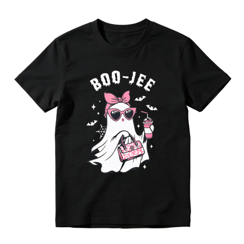 Boo Jee Funny Ghost With Pink Bow Sunglasses And Drink Halloween Graphic T-shirt