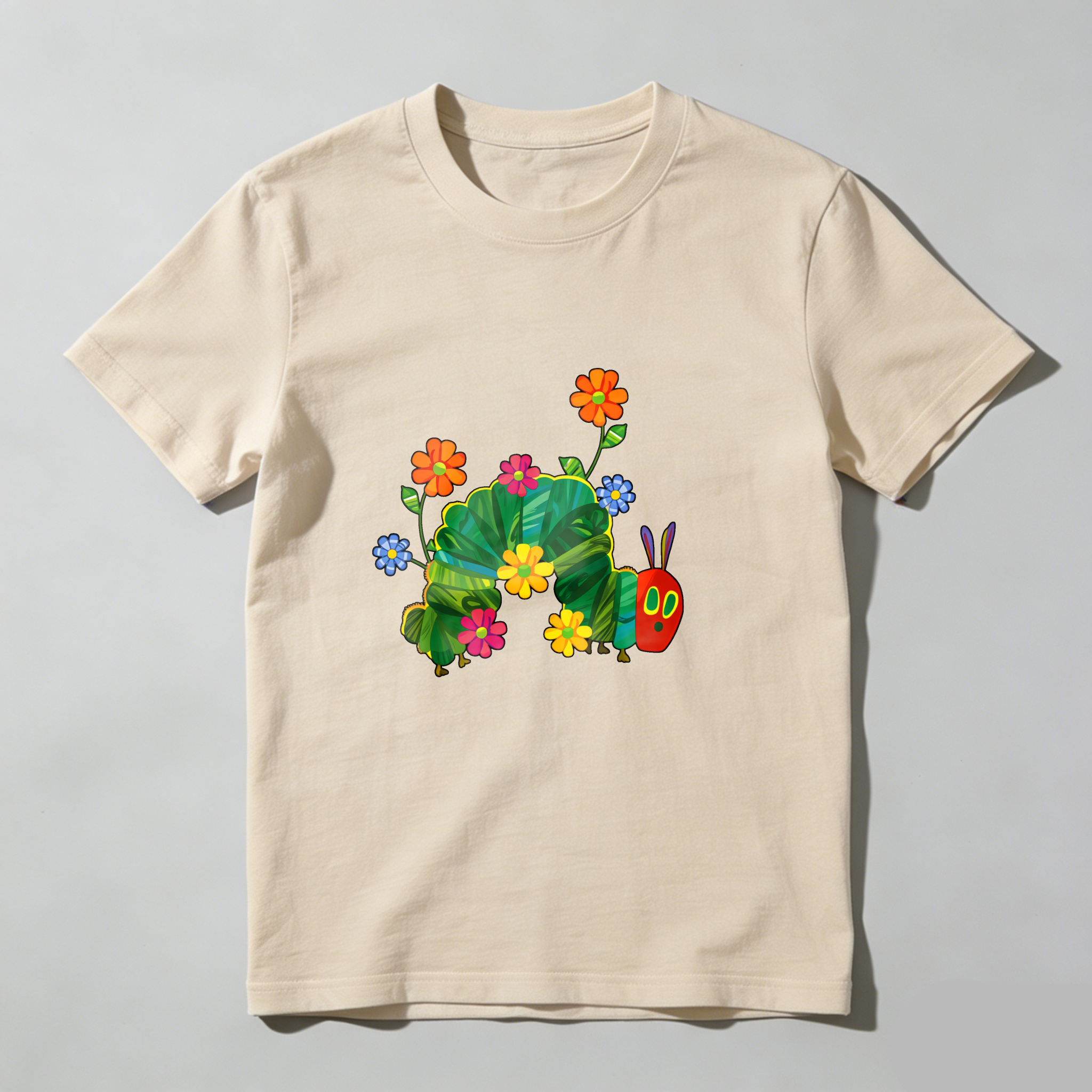Colorful Caterpillar With Flowers And Leaves tshirt 100% cotton