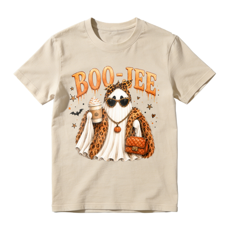 Boo Jee Leopard Print Ghost With Sunglasses Coffee And Handbag Halloween T-shirt