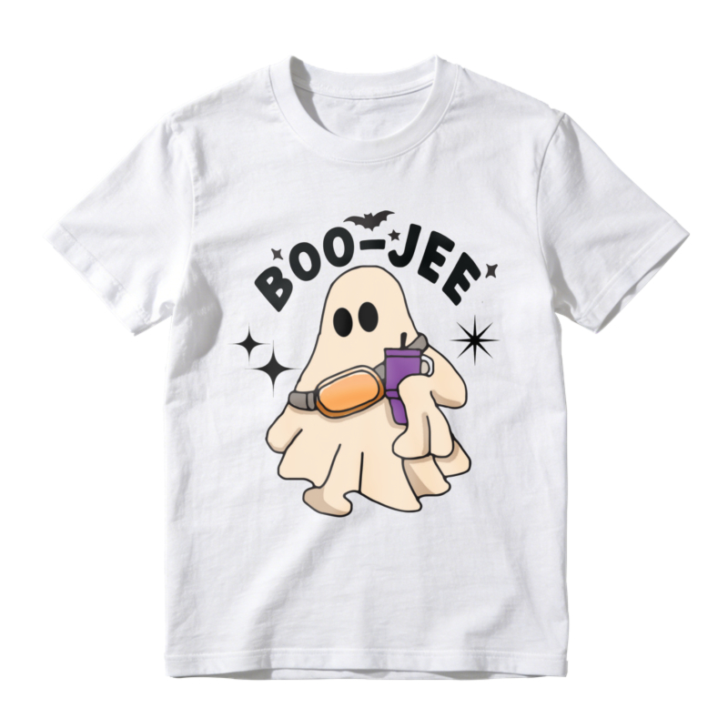 Cute Ghost Holding Purple And Orange Item Boo Jee Text With Bat And Stars Halloween Theme T-shirt