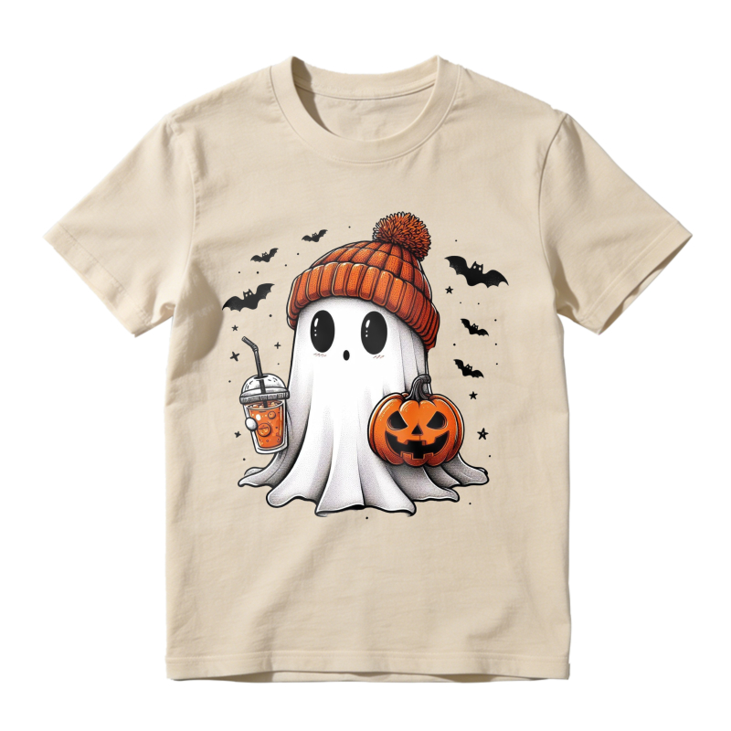 Cute Ghost Wearing Orange Beanie Holding Pumpkin And Drink Halloween T-shirt