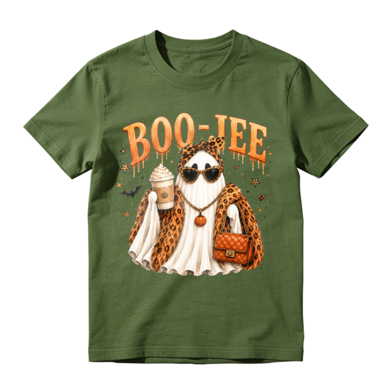 Boo Jee Leopard Print Ghost With Sunglasses Coffee And Handbag Halloween T-shirt
