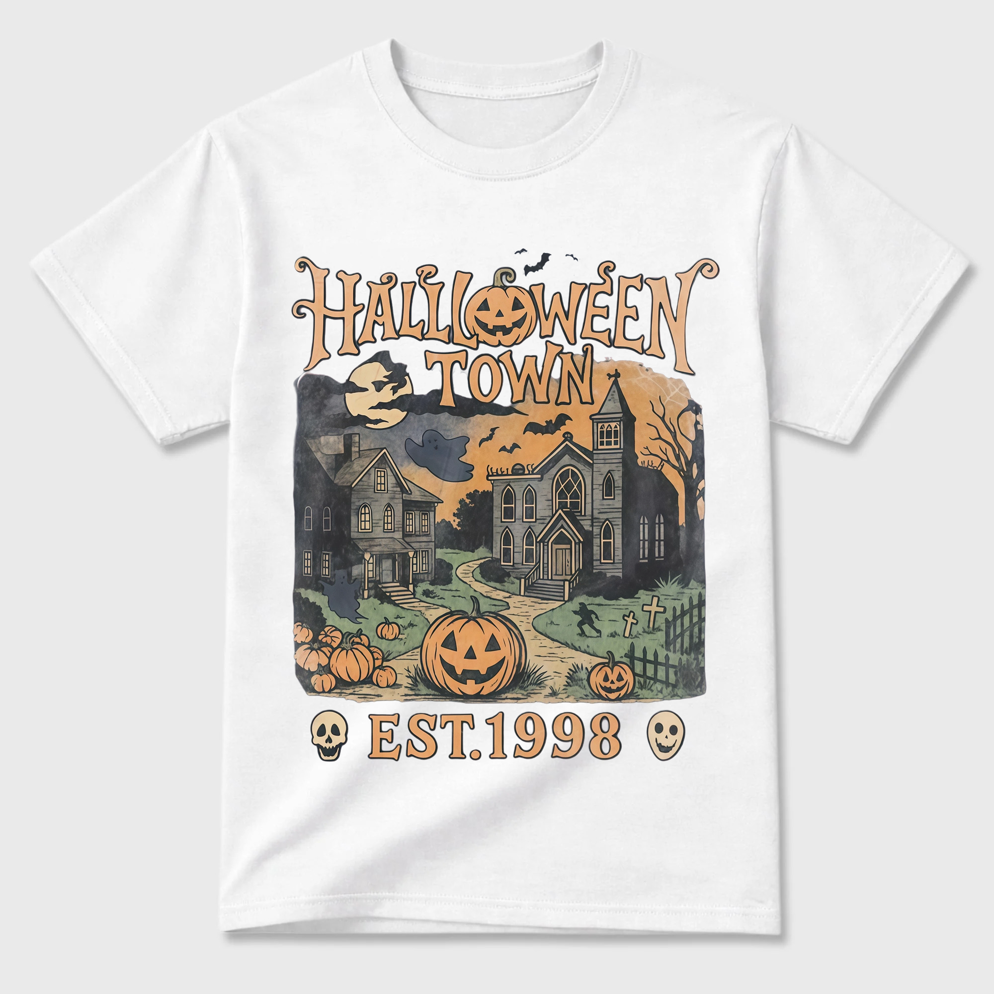 Vintage Halloween Haunted Town T Shirt Pumpkin Skull Ghost Bat Graphic Tee