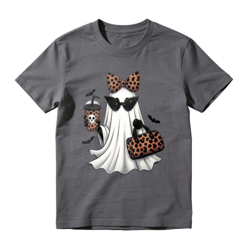 Leopard Print Ghost With Sunglasses Bow And Coffee Cup Halloween T-shirt