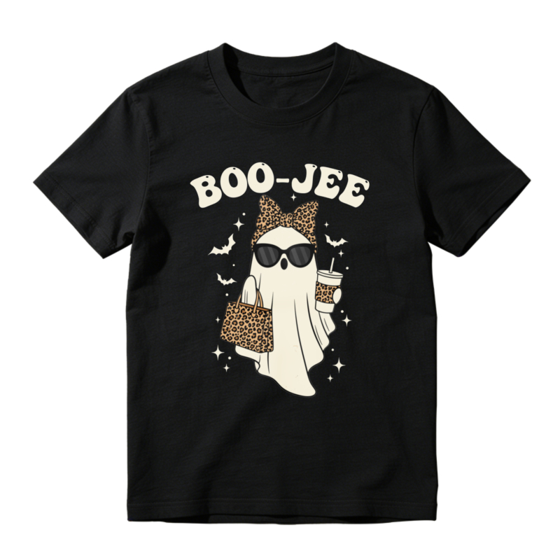 Boo Jee Ghost With Leopard Print Bow Sunglasses And Coffee Cup Halloween Funny Graphic T-shirt