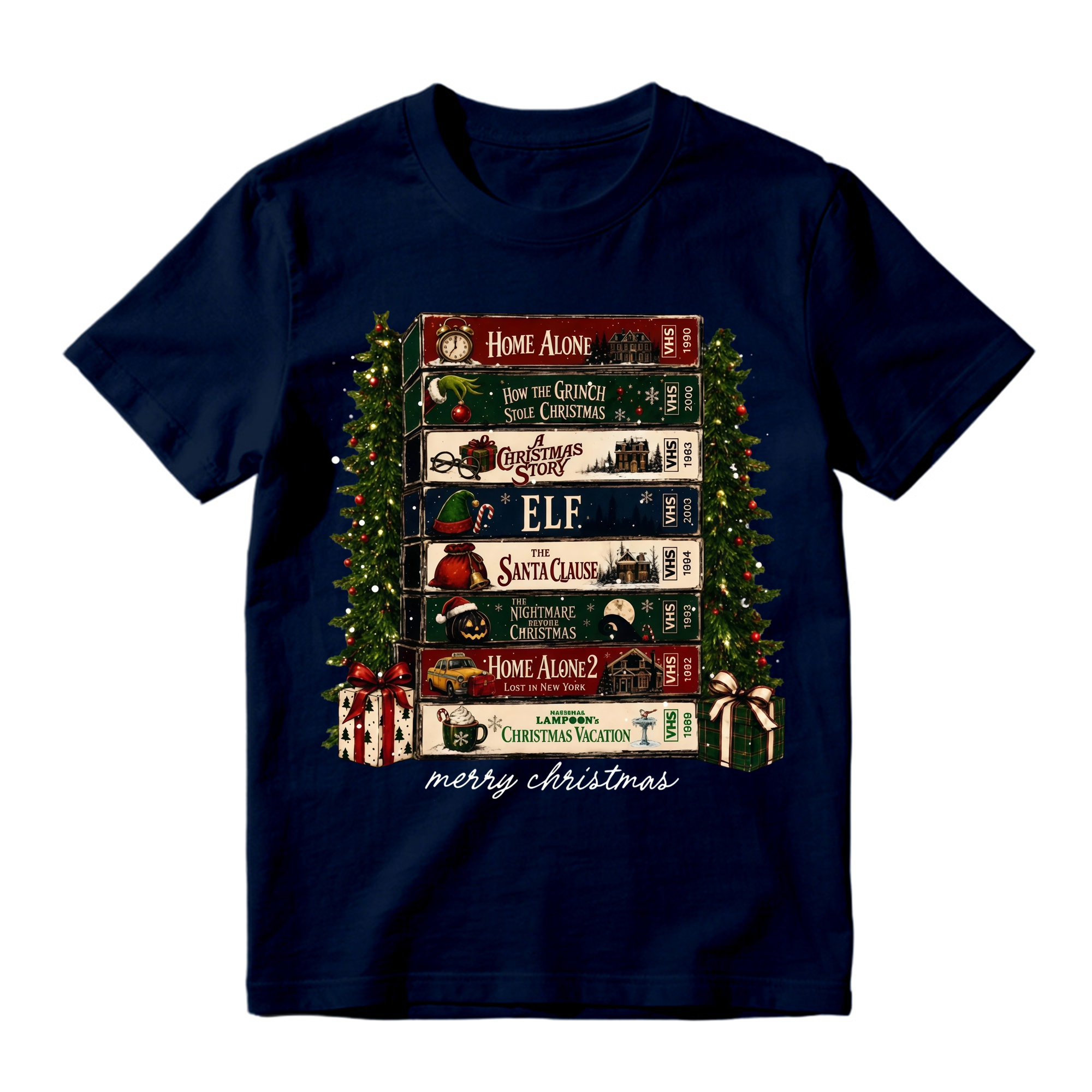 Vintage Christmas Retro Video Tape Stack T Shirt Merry Holiday Graphic Tee