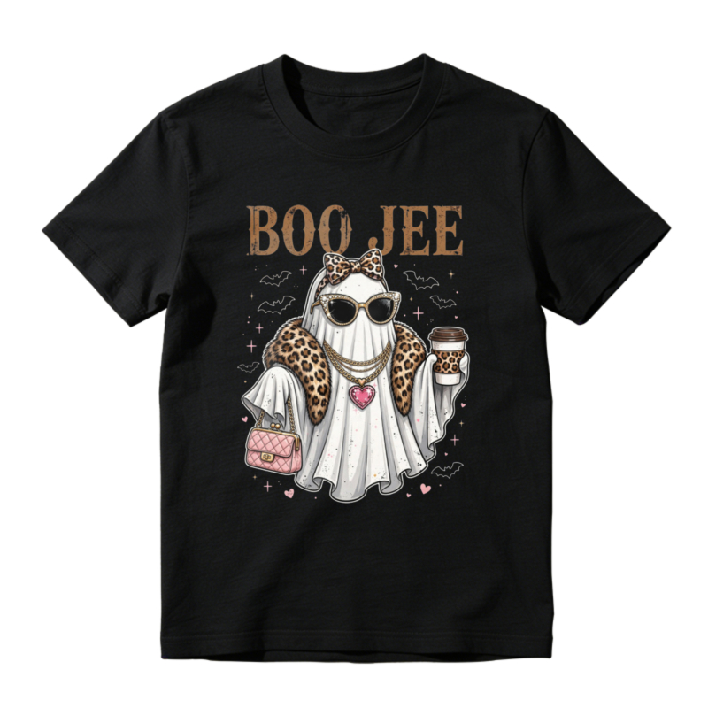 Boo Jee Fashion Ghost With Sunglasses Leopard Scarf And Coffee Cup Halloween T-shirt