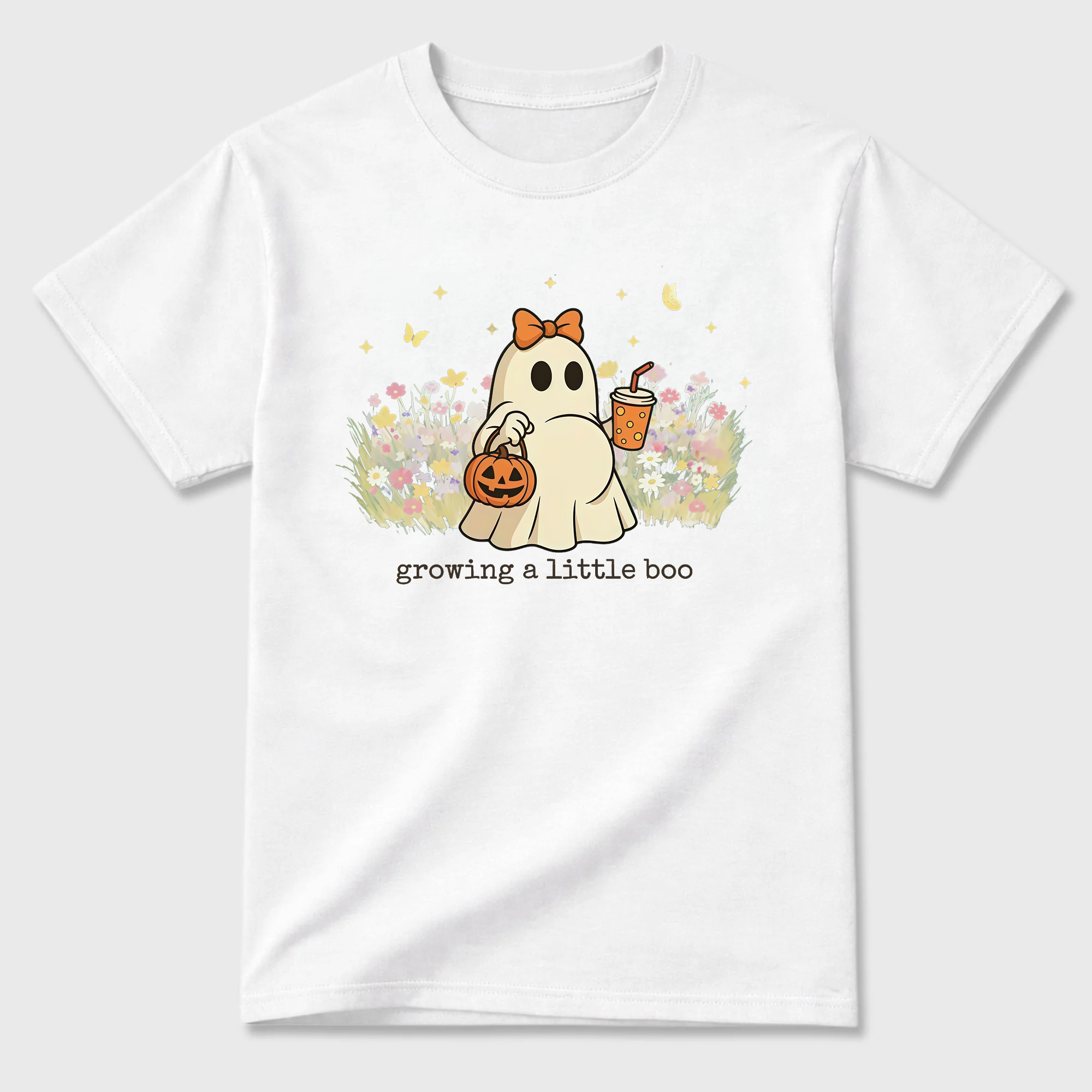 Growing A Little Boo Cute Ghost T Shirt Floral Halloween Pregnancy Graphic Tee