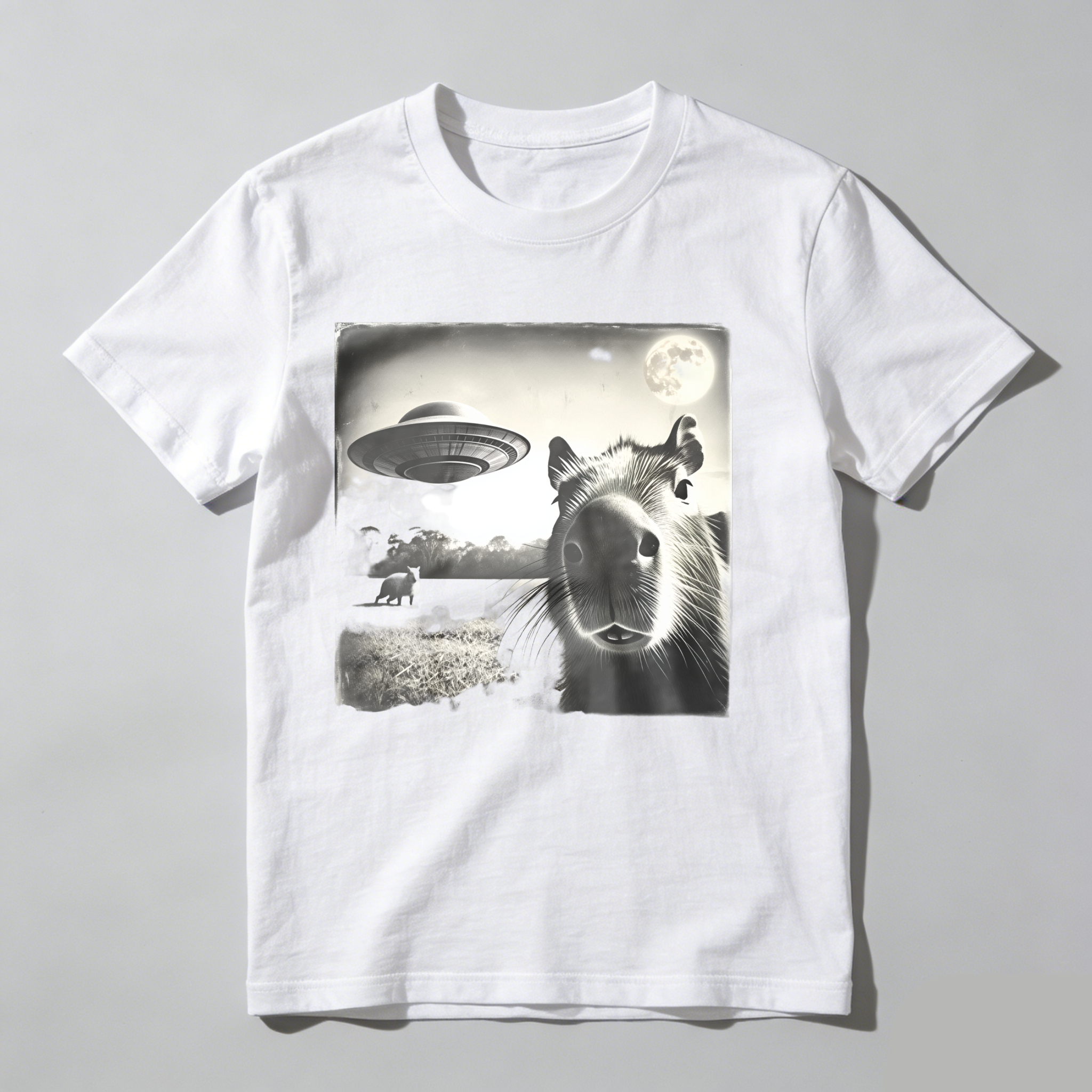 Capybara Ufo Moon Landscape Night Scene tshirt 100% cotton