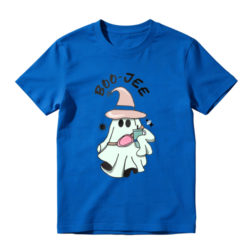 Cute Ghost Wearing Witch Hat Holding Phone Boo Jee Text Cartoon Halloween Graphic T-shirt