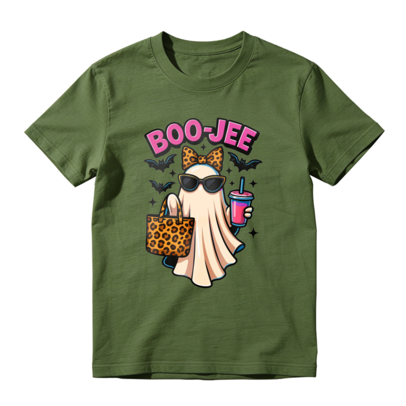 Boo Jee Funny Ghost With Leopard Print Bow Sunglasses And Drink Halloween T-shirt
