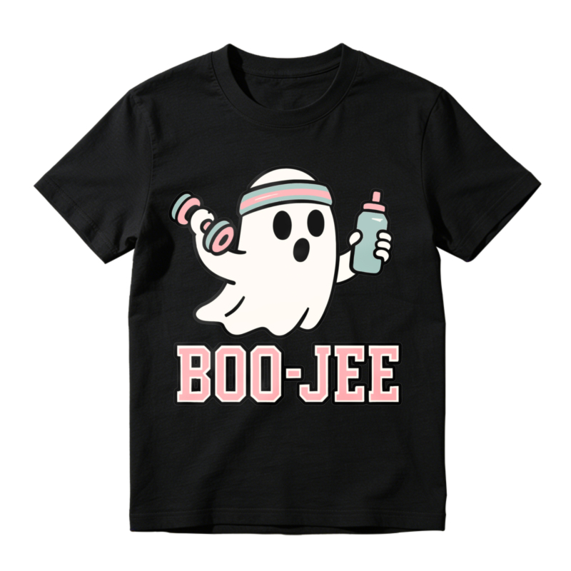 Cute Ghost Lifting Dumbbell And Water Bottle Boo Jee Funny Halloween Fitness T-shirt