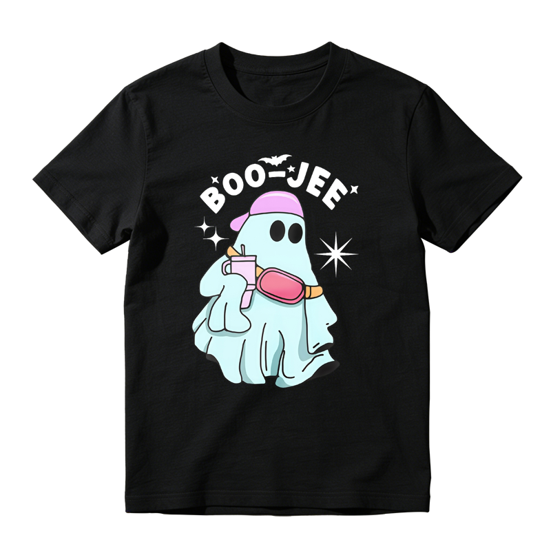 Cute Ghost Wearing Pink Hat And Fanny Pack Holding Drink Boo Jem Text Halloween Cartoon Graphic T-shirt