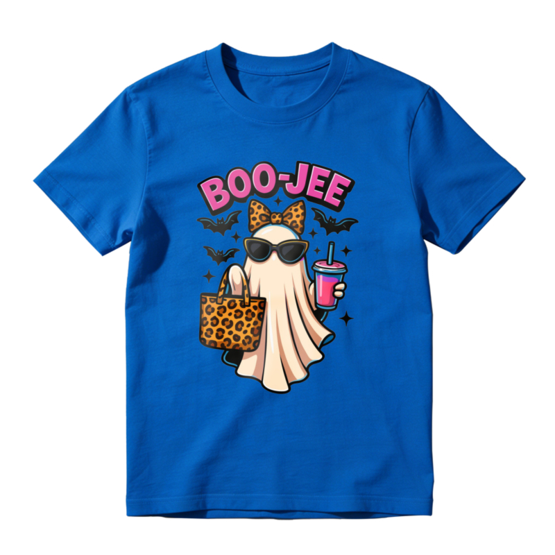Boo Jee Funny Ghost With Leopard Print Bow Sunglasses And Drink Halloween T-shirt