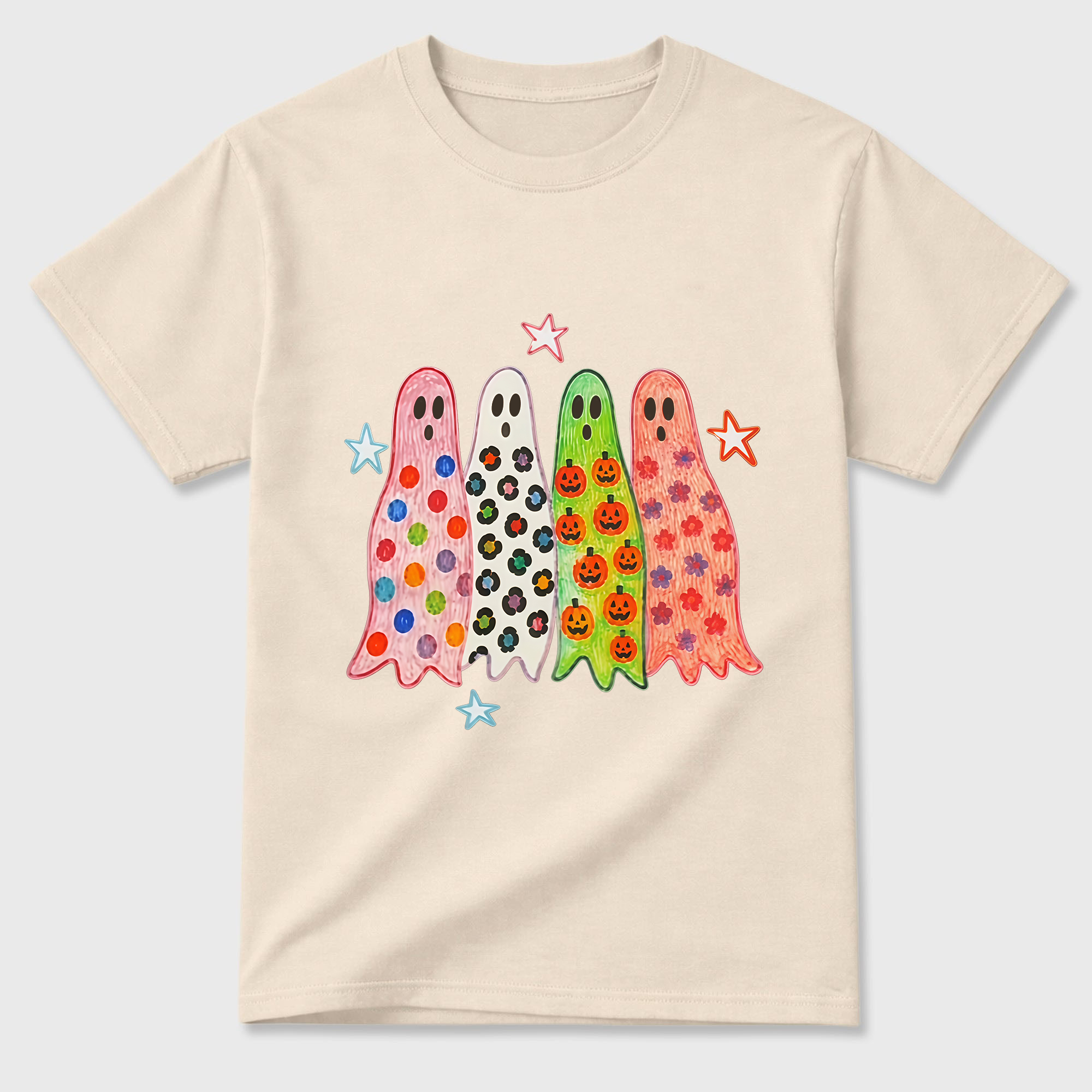 Colorful Patterned Ghosts T Shirt Cute Spooky Halloween Graphic Tee