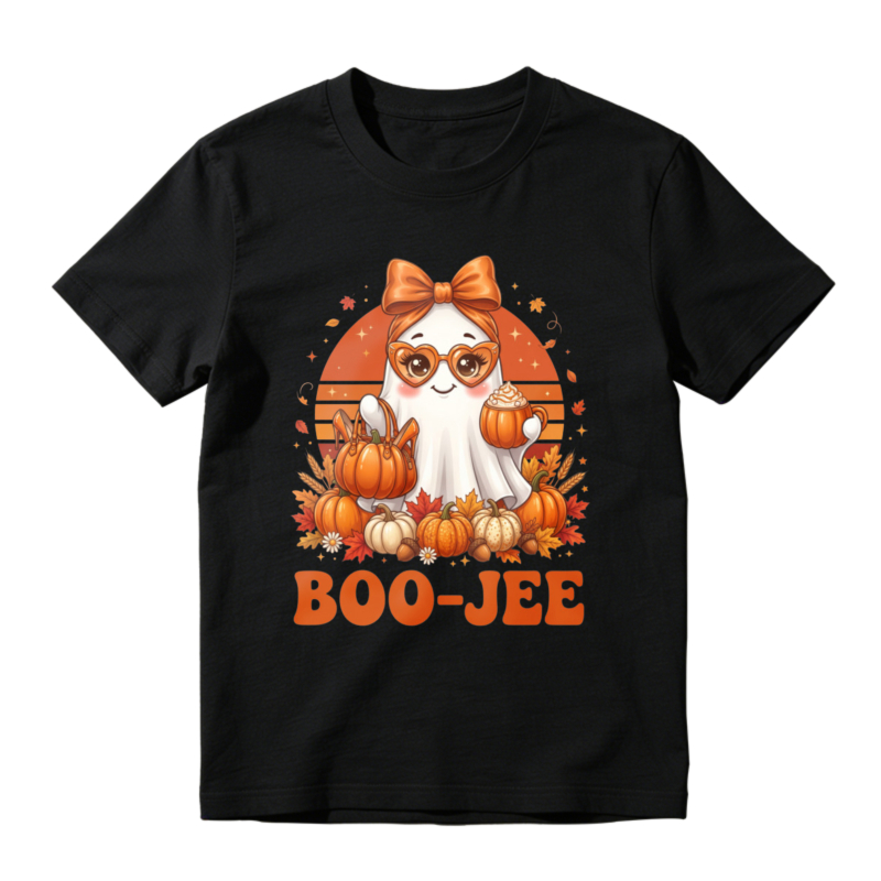 Cute Ghost With Orange Bow And Pumpkins Boo Jee Halloween Autumn Fall T-shirt