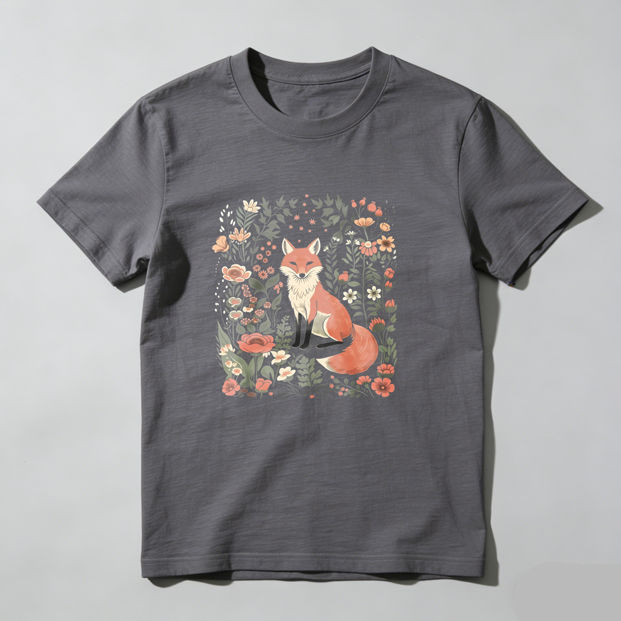 Fox Surrounded By Flowers And Leaves tshirt 100% cotton