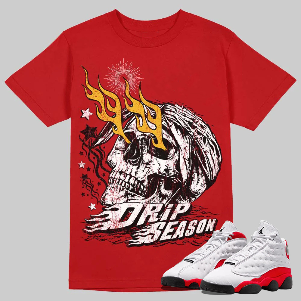 AJ 13 Chicago True Red Cherry T-Shirt Drip Season Graphic