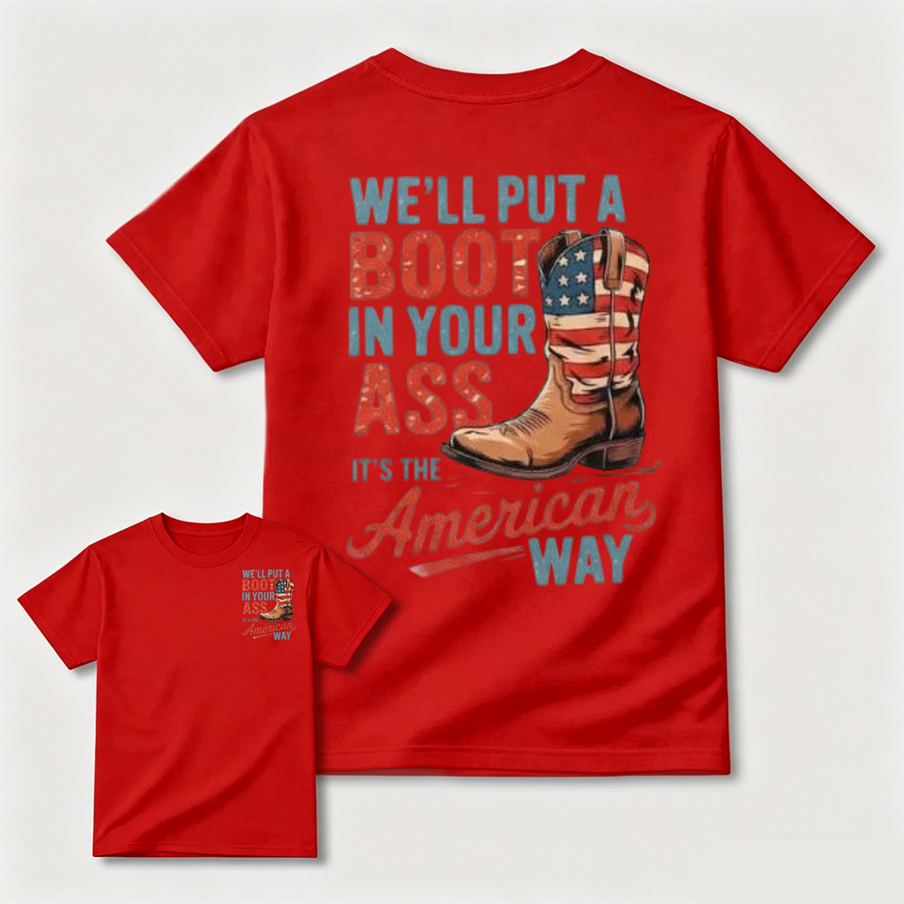 Simple Vintage Patriotic Cowboy Boots Letter Print T-Shirt