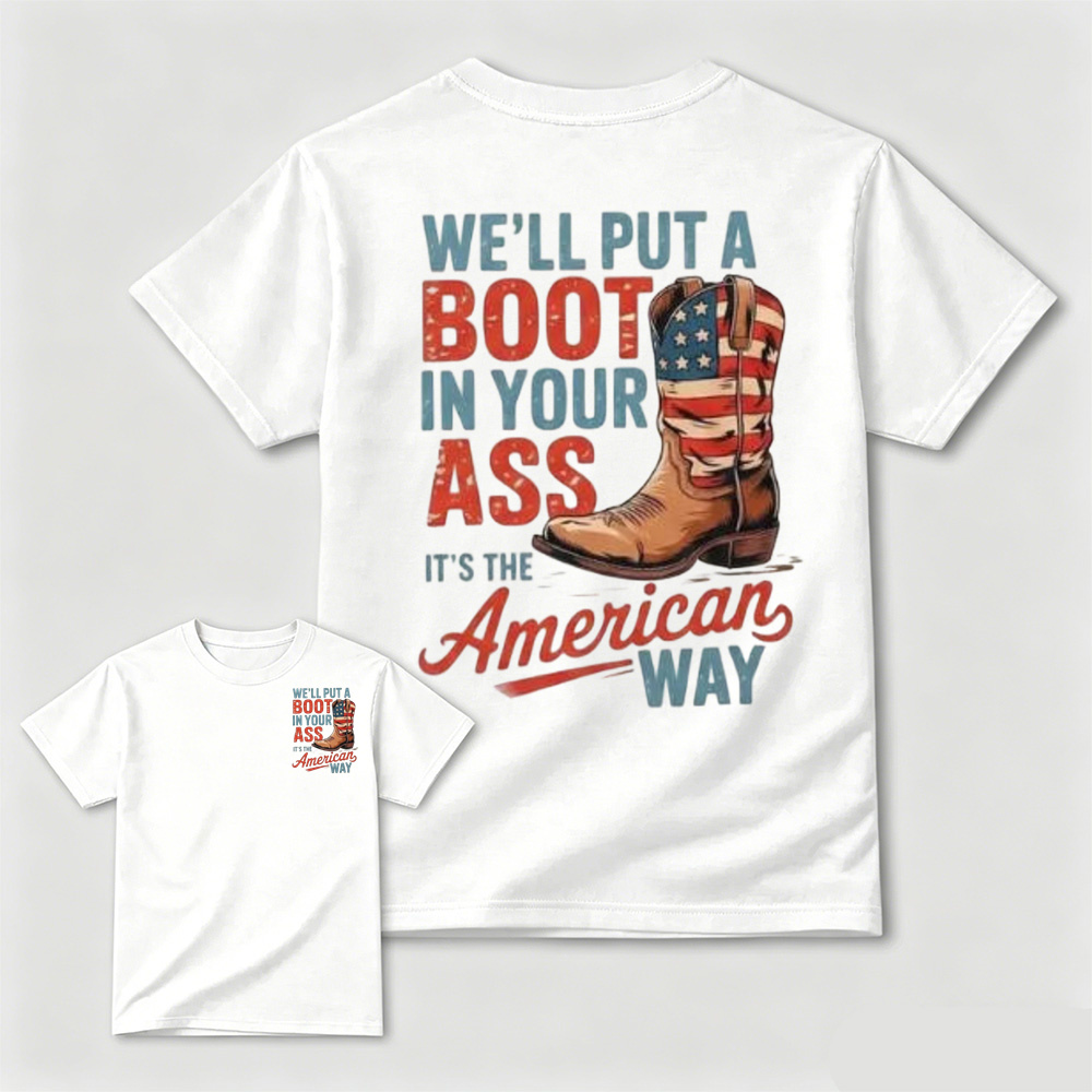 Simple Vintage Patriotic Cowboy Boots Letter Print T-Shirt
